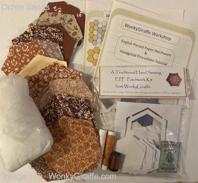 Patchwork hexagon starter kit EPP English paper piecing Vintage Fabric pincushion or sampler by Wonkygiraffe image 10