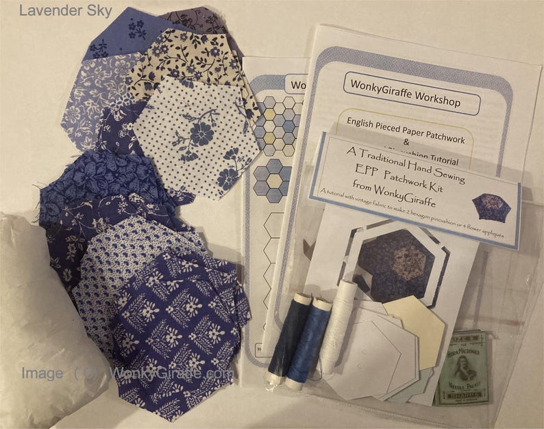Patchwork hexagon starter kit EPP English paper piecing Vintage Fabric pincushion or sampler by Wonkygiraffe image 2