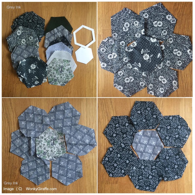 Patchwork hexagon starter kit EPP English paper piecing Vintage Fabric pincushion or sampler by Wonkygiraffe image 4