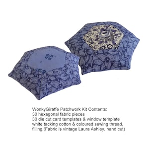 May include: Two hexagonal patchwork cushions with blue floral patterns. One cushion has a light blue center with a small floral design. The other has a white and blue floral center. The text on the image reads "WonkyGiraffe Patchwork Kit Contents:" and lists the kit contents.