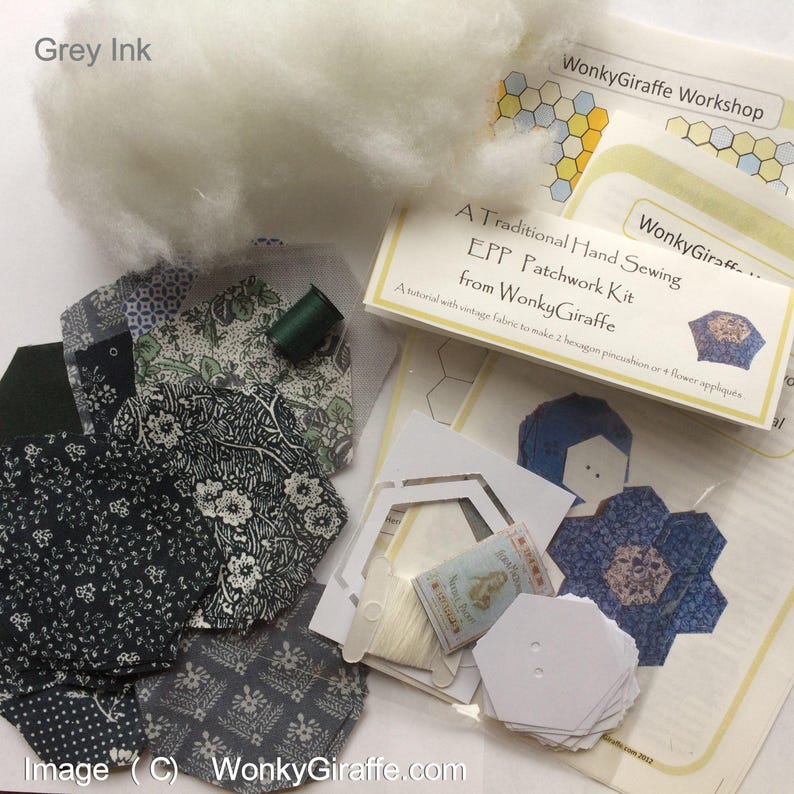 Patchwork hexagon starter kit EPP English paper piecing Vintage Fabric pincushion or sampler by Wonkygiraffe image 9