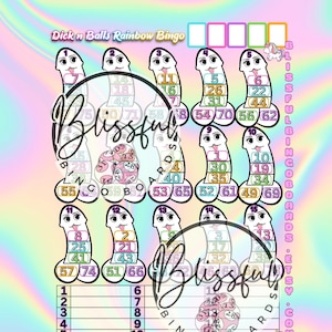 May include: A bingo card with the text "Dick n Balls Rainbow Bingo" on a rainbow background. The card features cartoon phallic figures with numbers, bingo ball illustrations, and a rainbow holographic background.