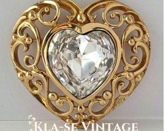 Christian Dior Gorgeous Large  Filigree & Rhinestone Gold Heart Brooch Pendent