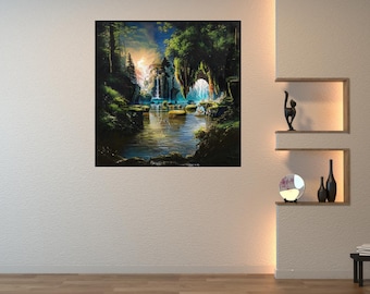 May include: A framed landscape painting depicts a serene waterfall scene. Lush green trees and foliage surround a body of water, with a waterfall cascading into it. The artwork features a vibrant color palette, with sunlight breaking through the trees.