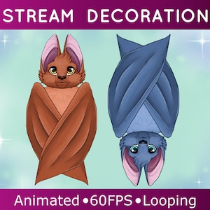 Peut inclure: GIF animé en boucle de deux chauves-souris, l'une brune et l'autre bleue, avec des oreilles roses, suspendues la tête en bas. Le texte "STREAM DECORATION" est en haut de l'image et "Animated • 60FPS • Looping" est en bas.