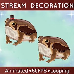 May include: Animated looping GIF of two brown and white frogs with black spots. One frog is wearing a top hat. The background is a light blue with white stars. The text "STREAM DECORATION" is at the top of the image and "Animated • 60FPS • Looping" is at the bottom.