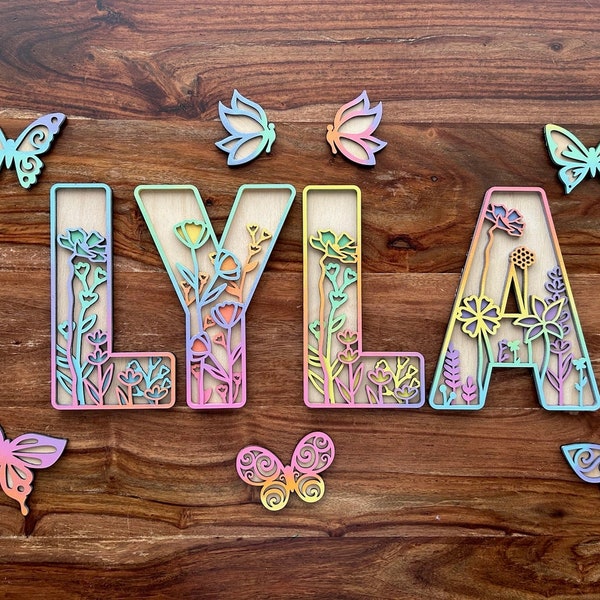 Personalised Wooden Name Sign | Floral Rainbow Letters, Nursery Decor