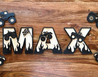 Monster Truck Theme Name Sign | Handmade Wooden Bedroom Decor