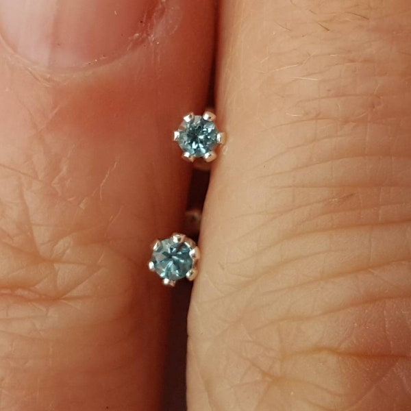 Tiny London blue topaz earrings. 2mm blue topaz studs. Genuine December birthstone earrings.Single stud or pair of earrings.