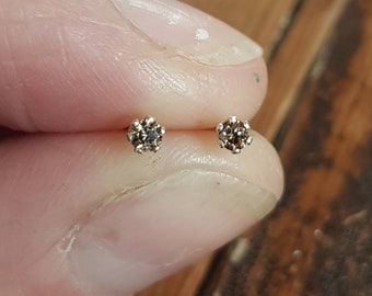 Tiny golden brown diamond studs. Natural 2.2mm sparkling brown diamond, April birthstone, sterling silver. Single stud or Pair.