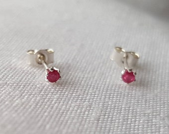 Tiny ruby earrings. Natural ruby, sterling silver stud earrings 2mm round gemstone. July birthstone. Tiny gemstone studs.