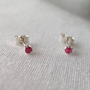 Tiny ruby earrings. Natural ruby, sterling silver stud earrings 2mm round gemstone. July birthstone. Tiny gemstone studs.