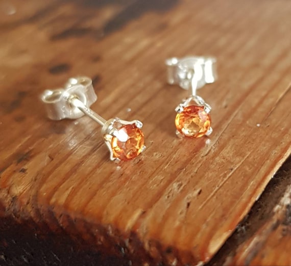 Little Faceted Orange Sapphire Earrings. 3mm Natural Genuine
