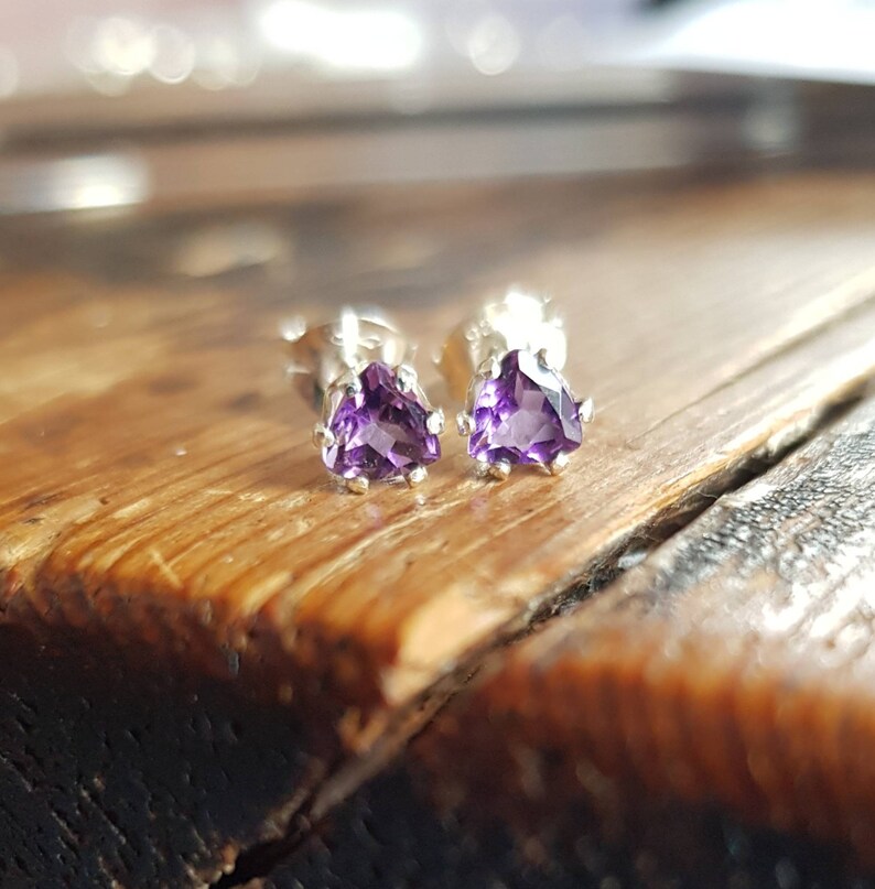Trillion Purple Amethyst Earrings Sterling Silver and Amethyst Studs