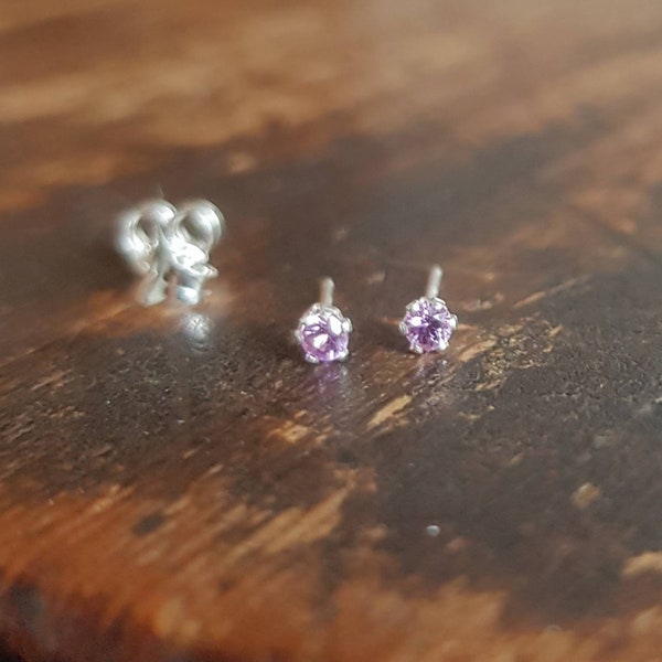 Tiny purple sapphire studs. Sapphire & sterling silver stud earrings 2.1mm purple sapphire, October birthstone, natural, genuine sapphire.