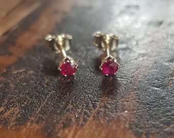 Little gold and ruby earrings. Genuine 3mm ruby, 9ct yellow gold studs.  July birthstone earrings.