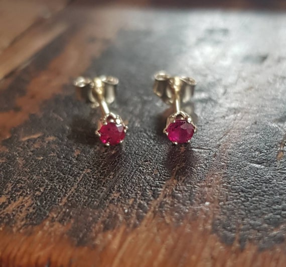 Little Gold and Ruby Earrings. Genuine 3mm Ruby 9ct Yellow Gold