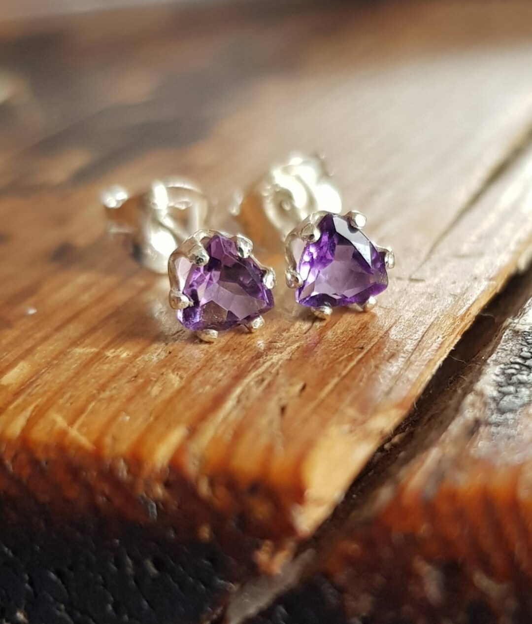 Trillion Purple Amethyst Earrings Sterling Silver and Amethyst Studs