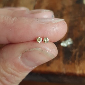 Tiny Pale Yellow Diamond Studs. April birthstone earrings. 2mm round diamond silver studs.