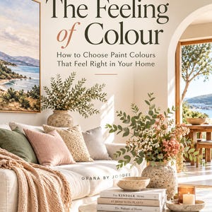 May include: A book titled The Feeling of Colour: How to Choose Paint Colours That Feel Right in Your Home by Orana by Jodee. The cover features a living room with a white sofa, textured pillows, a stone coffee table, and floral arrangements.