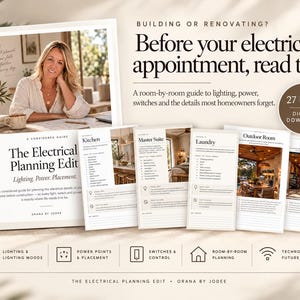May include: A 27-page digital download guide titled The Electrical Planning Edit, featuring room-by-room checklists for lighting, power, and switches. The cover displays a person at a desk, with interior pages showing kitchen, master suite, laundry, outdoor room, and garage layouts.