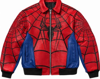 SPIDER Inspired Leather Bomber Jacket | Red Blue Spider Web Streetwear Coat