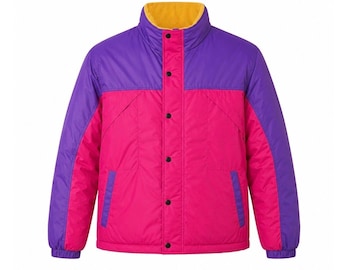 Retro Colorblock Puffer Jacket | 90s Purple Pink Streetwear Coat