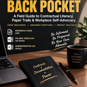 Può includere: Un pacchetto di download digitale intitolato Out of the Back Pocket: A Field Guide to Contractual Literacy, Paper Trails & Workplace Self-Advocacy. Include una guida di riferimento in PDF, modelli compilabili MS Word e un registro amministrativo Excel.