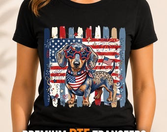 Patriotic Dachshund DTF Transfer, American Flag Wiener Dog Ready To Press