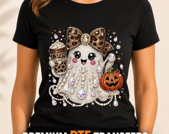 Rhinestone Glam Halloween Ghost DTF Transfer, Sparkly Pumpkin Ghost Ready to Press, Leopard Bow Ghost Heat Print