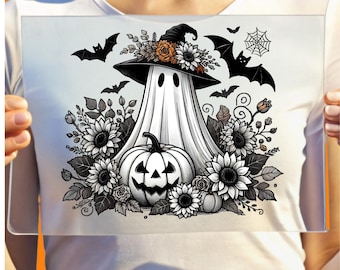 Halloween Ghost DTF Transfer, Floral Pumpkin, Ready to Press