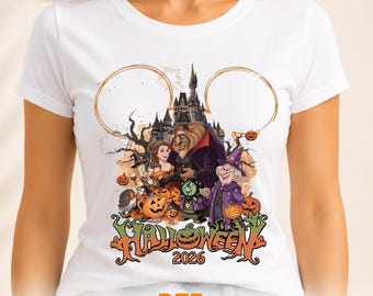 Beauty and the Beast Halloween DTF Transfer: Spooky Season Princess Ready to Press, Spooky Castle Cartoon Heat Print