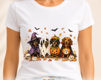 Halloween Dachshund DTF Transfer, Wiener Dog Ghost Pumpkin Ready to Press, Spooky Wiener Dog Heat Print