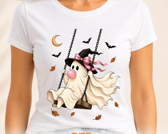 Ghost on Swing Spooky DTF Transfer, Halloween Cute Witch Ghost Bubble Ready to Press, Witch Hat Ghost Print