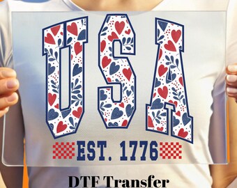 Floral USA 4th of July DTF Transfer: Retro America Independence Day Heat Transfer