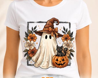 Halloween Ghost and Black Cat DTF Transfer, Vintage Halloween Ghost Witch Ready for Press, Fall Floral Ghost Heat Print