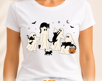 Vintage Halloween DTF Transfer: Ghost and Cat Ready to Press Print