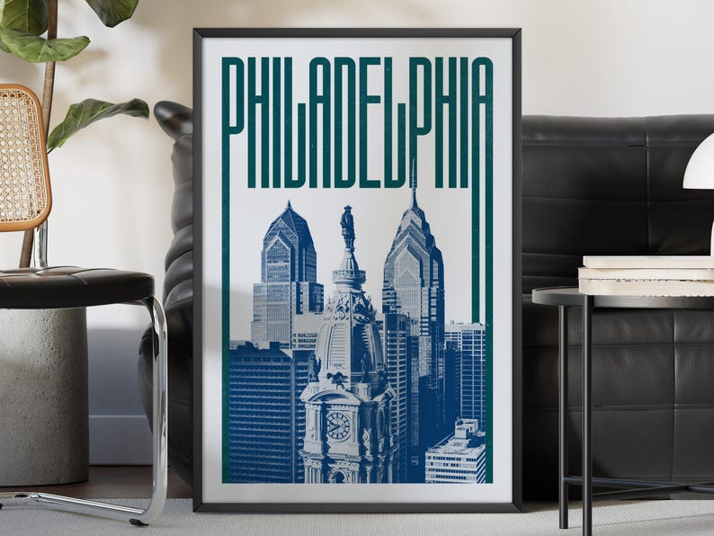 Impression d'art mural Philadelphie, affiche de Philadelphie, ligne d'horizon de Philadelphie, décoration esthétique de Philadelphie, impression d'affiche de voyage de Philadelphie image 1