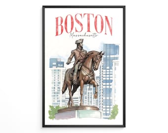 Boston Printable Art, Digital Download, George Washington Statue, Historical Wall Decor, Instant Watercolor Print, American History Gift