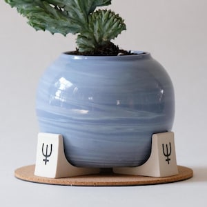 May include: A small, light blue ceramic planter with a green cactus. The planter has a round shape and sits on a cork base with two white supports. Each support has a black trident symbol.