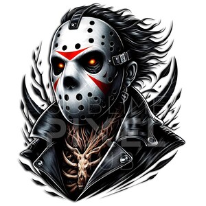 May include: A black and white illustration of a horror character wearing a white hockey mask with red accents and a black leather jacket. The character has a skeletal ribcage and a skull necklace.