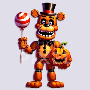 May include: A digital illustration of a cartoon bear character wearing a top hat and bow tie, holding a lollipop and a carved jack-o'-lantern. The bear is orange with a black top hat and bow tie, and the lollipop has red and white stripes.