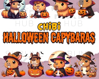 May include: A digital illustration featuring several cartoon capybaras dressed in Halloween costumes. Each capybara is holding a carved pumpkin. The image includes the text "Chibi Halloween Capybaras", "30 PNG FILES", and "300 DPI".