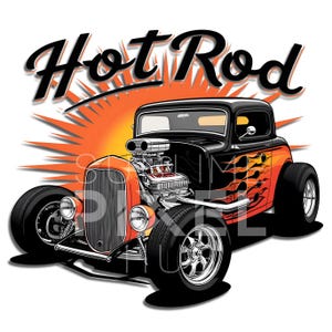 May include: A black and orange hot rod with flames painted on the side. The car has a large engine and a "Hot Rod" sign above it.