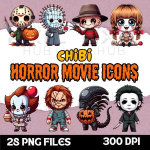 Pode incluir: Ilustração digital de personagens de filmes de terror em estilo chibi, incluindo Jason Voorhees e Freddy Krueger. A imagem inclui o texto "CHIBI HORROR MOVIE ICONS", "28 PNG FILES" e "300 DPI".