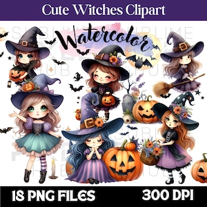 May include: A digital watercolor illustration featuring several cute witch characters with pumpkins, bats, and witch hats. The text "Cute Witches Clipart" and "Watercolor" are displayed at the top. The image includes 18 PNG files at 300 DPI.