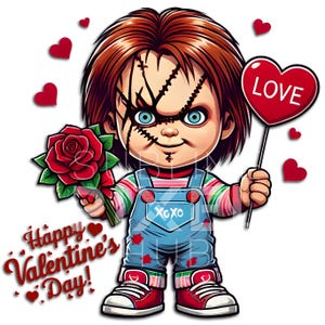 Valentine&#39;s Day Chucky png, png files, clipart, Valentine&#39;s Day, Valentine designs, spooky valentine, transparent background
