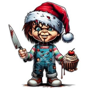 Chucky navideño con cupcake png, archivos png, clipart, chucky, diseños navideños, imprimible, fondo transparente