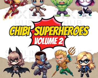 Chibi Superhjältar Clipart, Barnklistermärken, PNG-filer (digital nedladdning)