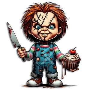 チャッキーとカップケーキ png、png ファイル、クリップアート、ハロウィーン、ハロウィーン デザイン、透明な背景